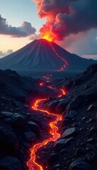 lava flows gently down the side of stromboli volcano, volcanic rock, fire and stone, ash cloud