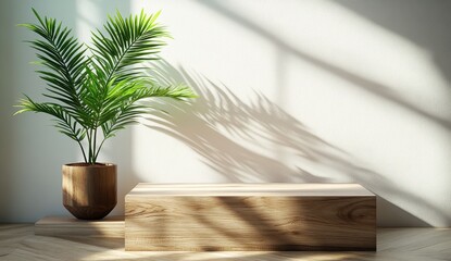 Poster - Elegant indoor space featuring a green palm plant in a wooden planter casting beautiful shadows on a light wall and modern minimalist wooden shelf