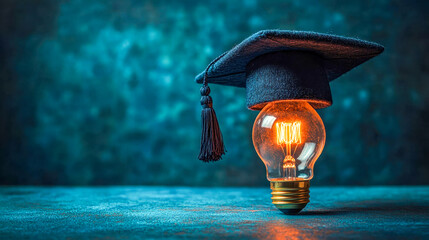 Poster - A glowing orange light bulb with a graduation cap symbolizes knowledge and education