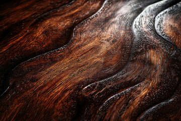 Poster - Close-up view of rich, dark wood grain with swirling patterns, showcasing natural beauty and texture.