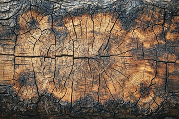 Poster - Close-up of a weathered, cracked, and charred wood surface, showing intricate texture and patterns.