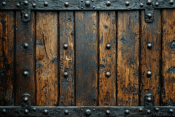 Poster - Dark brown rustic wooden planks secured with iron bands and rivets, showing age and texture.