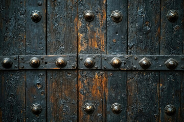 Poster - Ancient wooden door with dark varnish and metal rivets, showing age and wear.