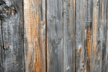 Poster - Close-up view of weathered gray and brown wooden planks, showing texture and knots.