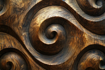Poster - Intricate swirling patterns carved into dark, aged wood, showcasing skillful craftsmanship and natural texture.
