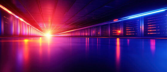 Poster - vibrant server farm illuminated by colorful lights, showcasing rows of servers and glowing perspective. scene evokes sense of technology and innovation