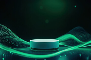 Aufkleber - Minimalist white podium on glowing green matrix background, surrounded by flowing digital waves, creating futuristic and dynamic atmosphere