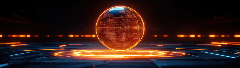 Poster - glowing orb in futuristic digital environment, surrounded by vibrant orange light and intricate patterns, evokes sense of advanced technology and innovation