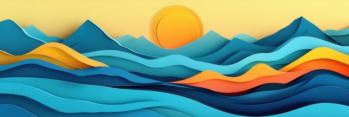 Poster - Vibrant paper art background with layered landscapes, waves, mountains, and cozy sun creating a travel inspired aesthetic Generative AI