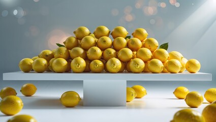 Poster - fresh lemons arranged aesthetically on a display table with soft lighting illuminating the vibrant y