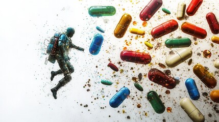 Leinwandbilder - Colorful capsules in a minimalist space with an astronaut exploring a vibrant medical theme Generative AI