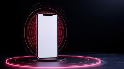 Wall Mural - smartphone with blank screen showcased on a futuristic platform, surrounded by vibrant red glowing r