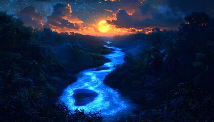 Poster - Aerial view of glowing bioluminescent rivers flowing through dense jungle under a vibrant moonlit sky, cinematic surreal harmony
