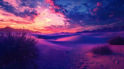 Poster - Wide-angle view of glowing sand dunes under vibrant twilight skies with scattered bioluminescent plants, cinematic surreal wonder