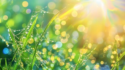 Fototapete - Macro shot of glowing morning dew on a spiderweb, creating a rainbow effect under soft sunlight, cinematic intricate natural artistry