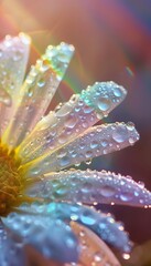 Poster - Macro shot of glowing water droplets clinging to the petals of a daisy, refracting sunlight into a rainbow, cinematic intricate natural beauty