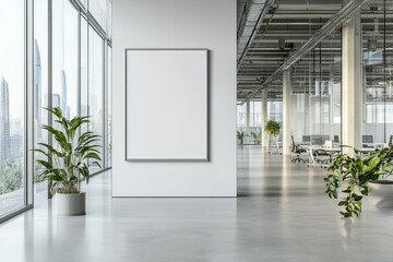 Aufkleber - Modern office interior with a blank framed white wall, glass windows, and a city view. Ideal for corporate branding, office presentations, and interior design concepts