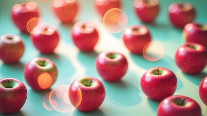 Poster - rows of shiny red apples arranged on a bright teal surface reflecting sparkling light in a well-lit 