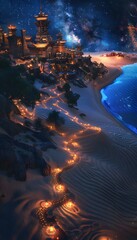 Poster - Aerial view of glowing sand dunes reflecting lantern light, bordered by bioluminescent trails and ancient temples, cinematic tranquil vibrancy