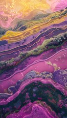 Poster - Aerial view of glowing rice terraces with vibrant wildflower meadows surrounding them, under a soft pastel sky, cinematic serene natural beauty