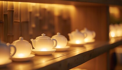Poster - Close-up of glowing ceramic tea sets displayed on a wooden shelf, lit by soft ambient light, cinematic cultural elegance