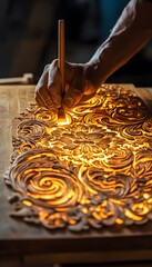 Aufkleber - Over-the-shoulder view of a craftsman carving glowing designs into a wooden panel under warm light, cinematic artistic storytelling