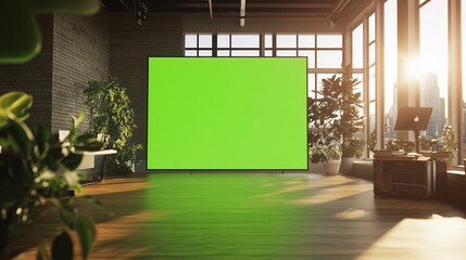 Fototapete - projector green screen in modern office work station meeting room chroma key monitor filming location indoor modern scene mockup composition sunlight sun rays from windows