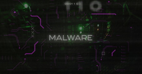 Poster - Malware text image over digital code and green lights background