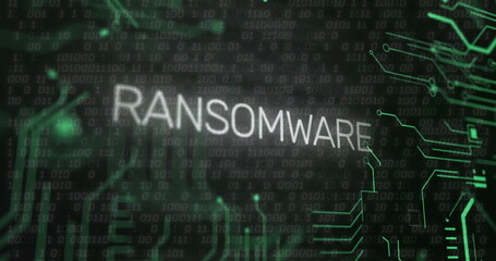 Poster - ransomware text over binary code and digital data image