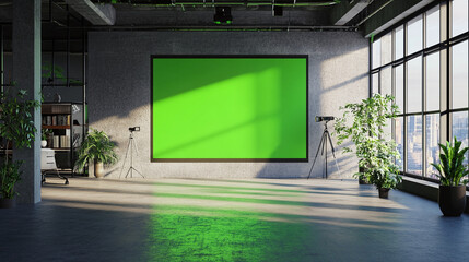 Fototapete - projector green screen in modern office work station meeting room chroma key monitor filming location indoor modern scene mockup composition sunlight sun rays from windows