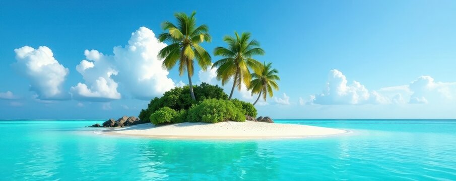 Isolated palm-studded isle in vibrant turquoise water , isolated, remote, flora