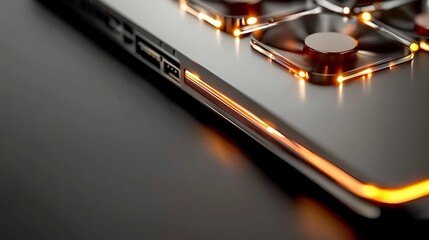 Poster - Close-up view of a sleek laptop showcasing illuminated cooling vents and USB ports on a dark surface