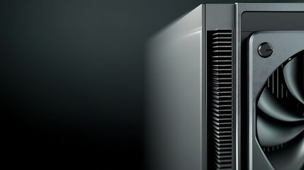 Poster - Close-up view of a sleek, modern computer case showcasing advanced cooling design against a dark backdrop