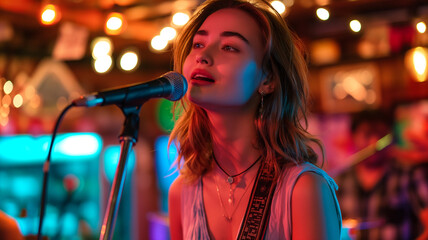 Poster - This girl captivates the audience with her karaoke performance in a lively bar.