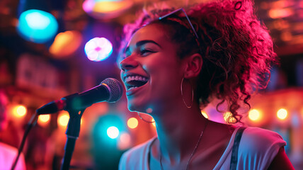 Poster - This young woman sings joyfully at karaoke, surrounded by colorful lights and an excited crowd.