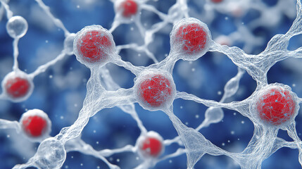 Poster - network of interconnected molecules with red spheres and white bonds represents scientific concept. blue background enhances intricate structure, symbolizing innovation and sustainability