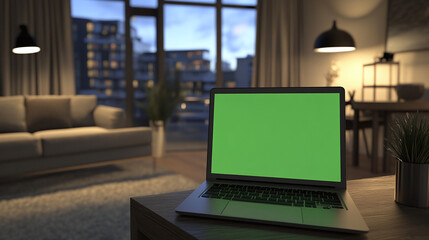 Fototapete - working from home  concept, laptop with green screen indoor scene, in a modern decorated home, windows open sun rays day lighting remote work 3d rendering composition