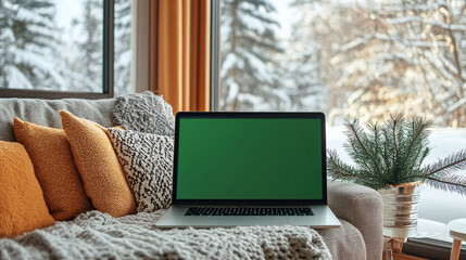 Fototapete - working from home concept, laptop with green screen indoor scene, in a modern decorated home, windows open sun rays day lighting remote work 3d rendering composition