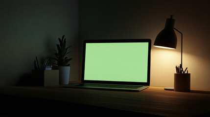 Fototapete -  laptop with green screen on desk modern furniture decoration, indoor scene, interior scene, natural daylight warm sun rays day lighting remote work 3d rendering in office composition