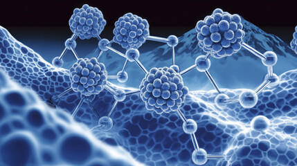 Poster - futuristic depiction of molecular structures showcases interconnected spheres and hexagonal patterns, symbolizing advanced nanotechnology and innovation in scientific research
