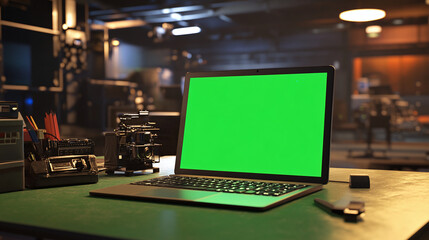 Fototapete -  laptop with green screen on desk modern furniture decoration, indoor scene, interior scene, natural daylight warm sun rays day lighting remote work 3d rendering in office composition