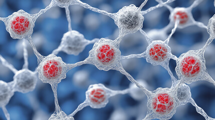 Poster - network of interconnected molecules with red spheres represents complex molecular structure, showcasing innovation and scientific advancement
