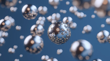 Poster - Floating metallic spheres with reflective surfaces create futuristic and abstract scene. spheres appear to be suspended mid air against blue background, showcasing sense of innovation and