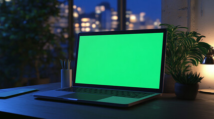 Fototapete -  laptop with green screen on desk modern furniture decoration, indoor scene, interior scene, natural daylight warm sun rays day lighting remote work 3d rendering in office composition