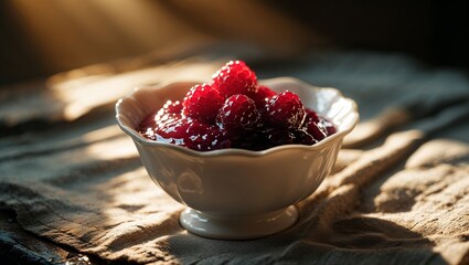 Poster - Fresh raspberries arranged in a delicate bowl illuminated by soft natural light in a cozy kitchen setting