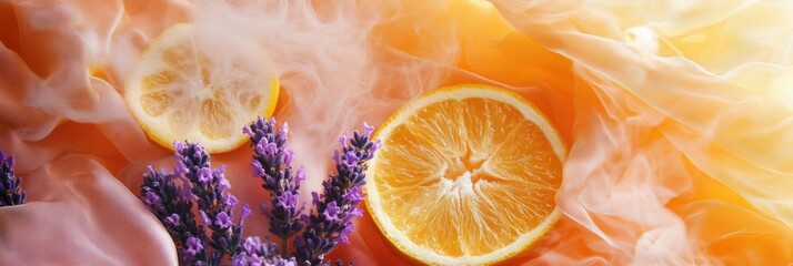 Poster - Sensory experience with aromatic coffee steam, citrus slices, and lavender fields on a soft silk backdrop Generative AI