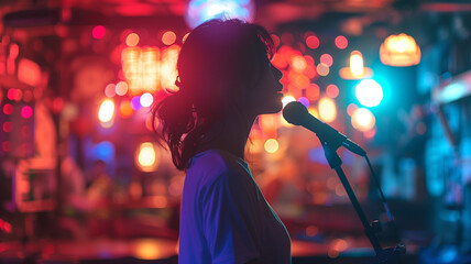 Poster - This performer sings passionately into a microphone amidst colorful lights during a karaoke night.