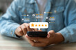© GamePixel - Online customer satisfaction Survey service concept, client rate service from experience in application,Consumer give five-Stars and feedback review for quality, Business reputation ranking from buyer