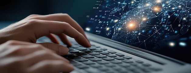 A person types on a laptop as glowing code lines appear against a blue digital backdrop in a well-lit, modern workspace.