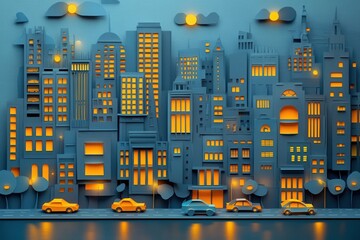 Fototapete - Layered paper art showcases a modern city skyline with glowing windows that illuminate the bustling streets during twilight hours